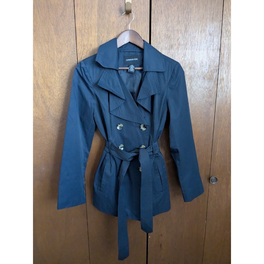 London Fog Women's Navy Blue Double-breasted Short Trench Coat Belted Waist S